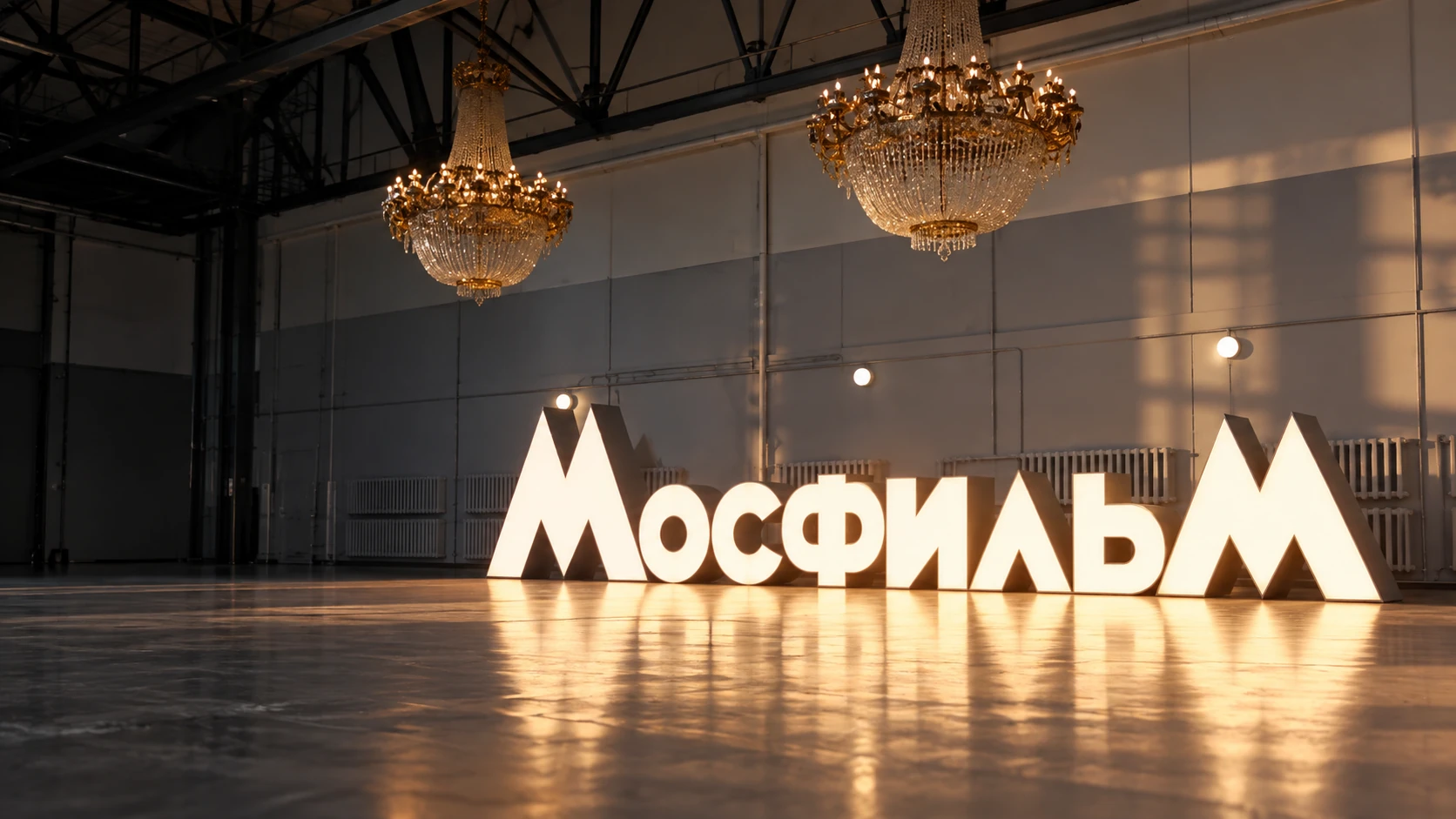 Интерьер киностудии Мосфильм со световой инсталляцией и люстрами